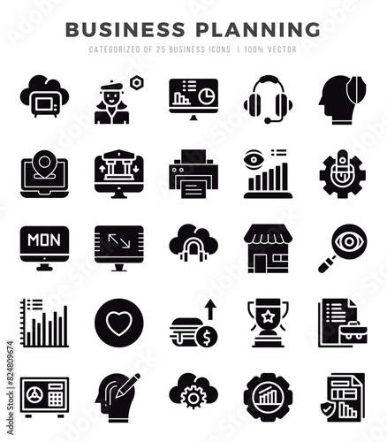 Business Planning Glyph icons collection. 25 icon set. Vector illustration.