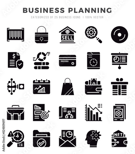 Business Planning icons Pack. Glyph icons set. Business Planning collection set.