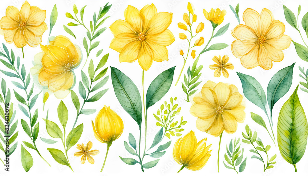 Watercolor pattern of yellow flowers, twigs with green leaves, white background. Botanical artwork. Watercolor pattern of yellow flowers, twigs with green leaves, white background. Botanical artwork.