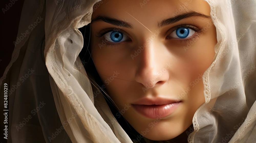 Portrait of Mary, mother of Jesus Christ with blue eyes. Stock Photo ...