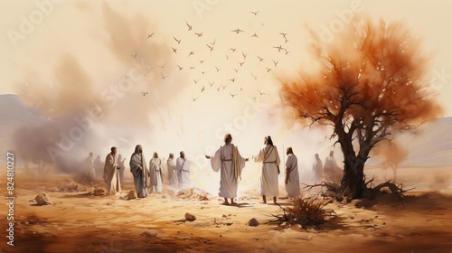Watercolor of Jesus, his disciples and others standing in front of a dry desert.