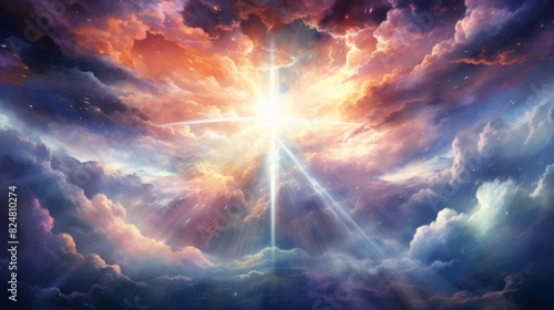 watercolor cross in the sky with clouds, light rays coming out of it, stars, colorful galaxy background, in the style of fantasy art, digital painting photo