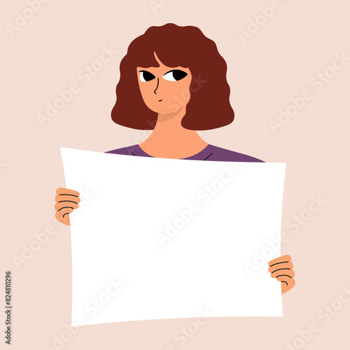 Young woman holding blank placard, poster, mockup. Pretty girl swowing empty presentation. Isolated illustration.