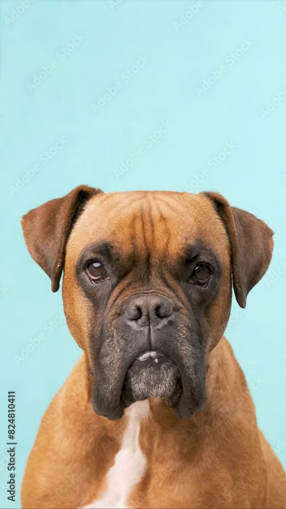 Boxer dog looking at the camera while standing against a light blue background Boxer dog looking at the camera while standing against a light blue background