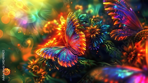 Fractal art of holographic neon butterflies tapestry, natural elements, fractal sunshine as depth of field, sunflowers, intricate design, high resolution, sharp focus intricate pattern holographic