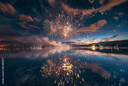 fireworks in the sky over water photo