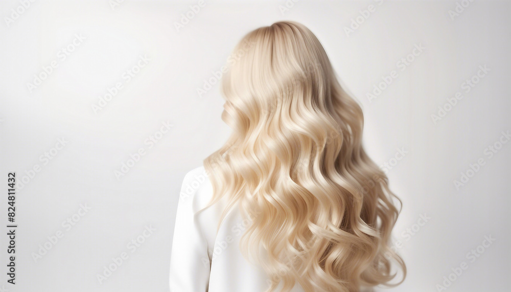 Naklejka premium long and wavy women's hair in blonde tones, back view, hair advertising shoot, isolated white background 
