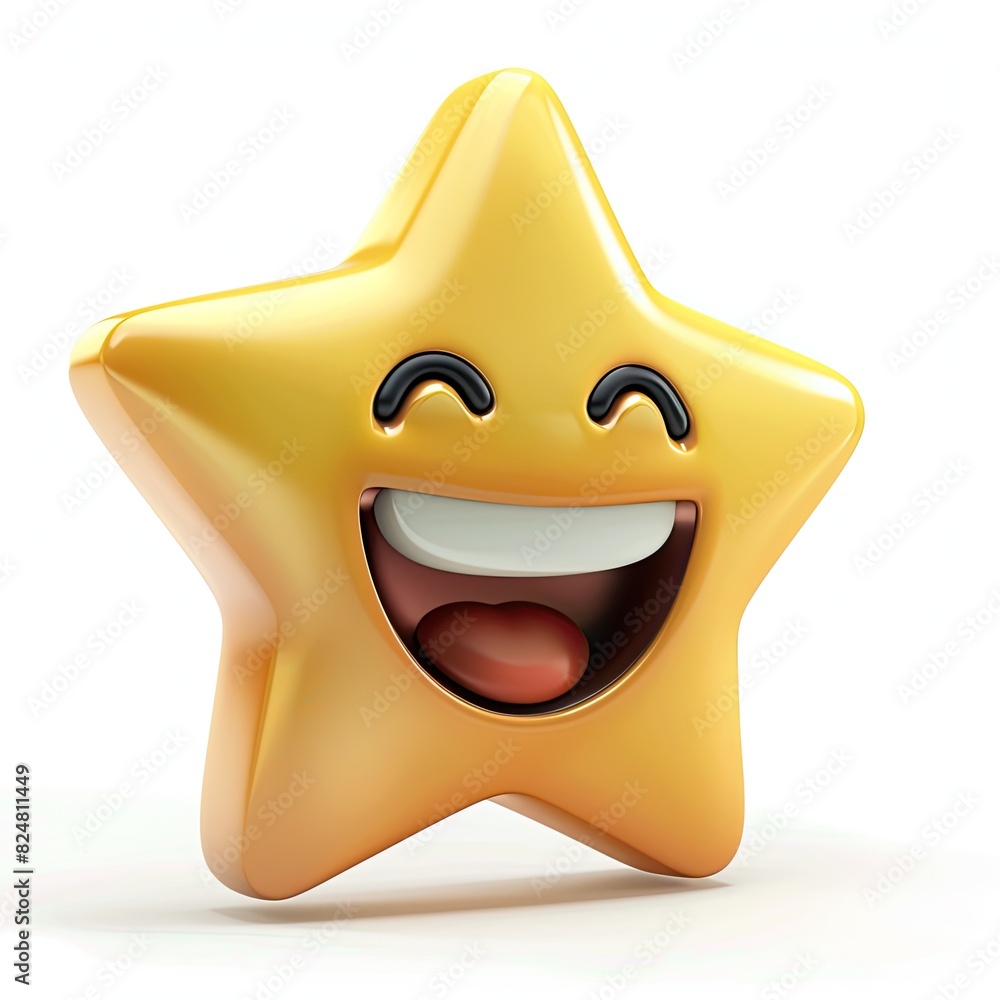 a smiling star character with black eyes and an open mouth, accompanied by a yellow toy, on a isolated background a smiling star character with black eyes and an open mouth, accompanied by a yellow toy, on a isolated background