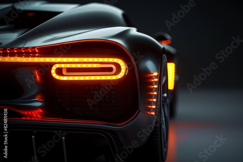 the back of a black sports car with red lights