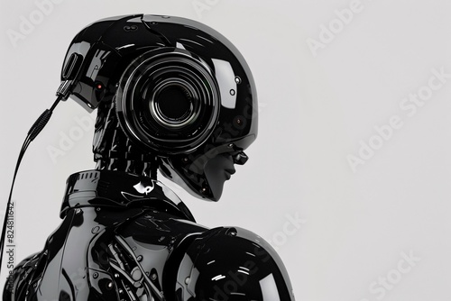 a black robot with a round object