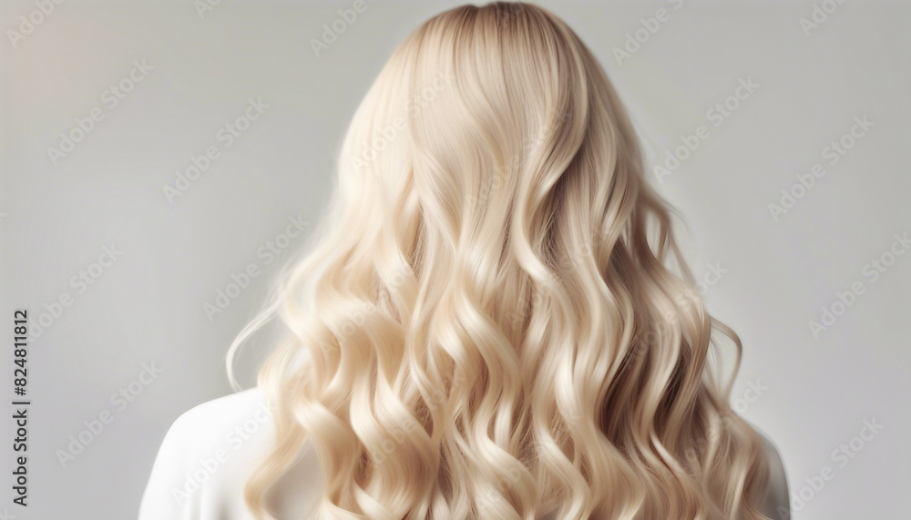 long and wavy women's hair in blonde tones, back view, hair advertising shoot, isolated white background
long and wavy women's hair in blonde tones, back view, hair advertising shoot, isolated white background
