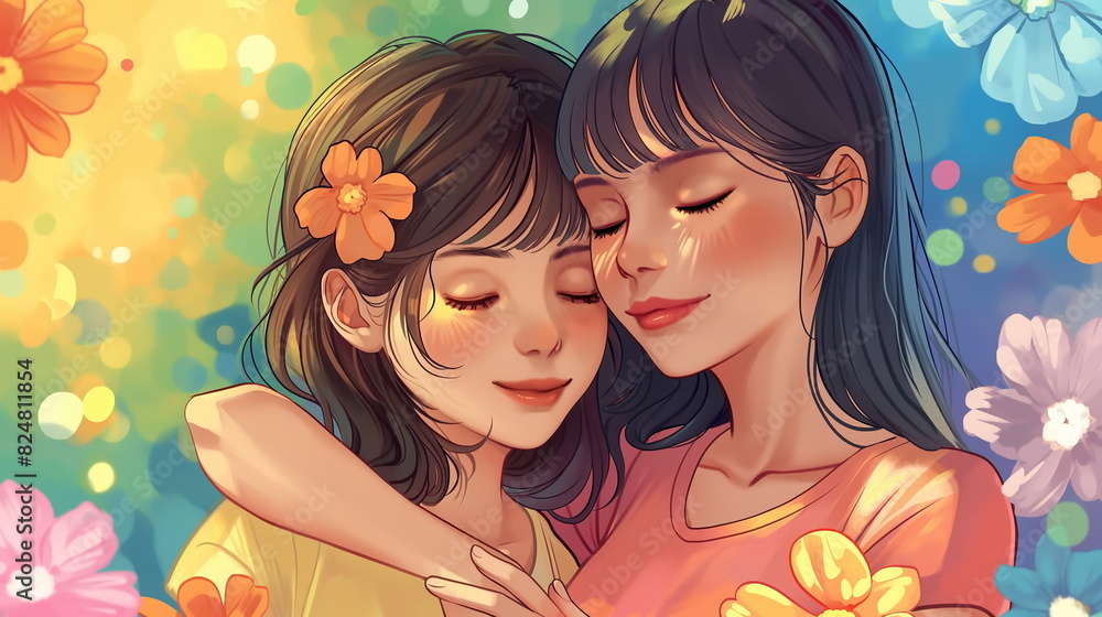 two girls LGBT friend with flowers background