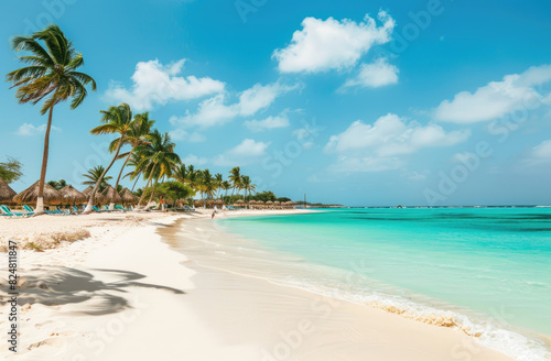 A sunny beach with palm trees and blue sky in the background, showcasing their beauty and tranquility.