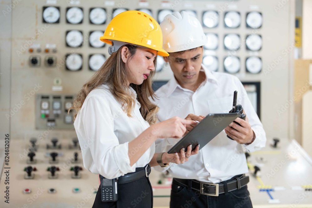 the technological marvels of the industrial power plant, two Asian engineers confer with laptops and blueprints, their hard hats a symbol of their dedication to safe and efficient energy production. the technological marvels of the industrial power plant, two Asian engineers confer with laptops and blueprints, their hard hats a symbol of their dedication to safe and efficient energy production.