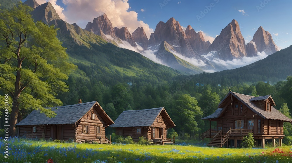 Small fantasy village with mountains in background Small fantasy village with mountains in background