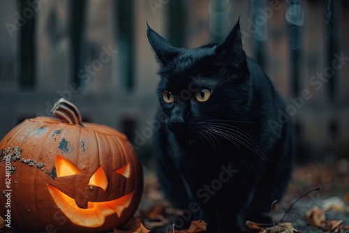 Black cat next to a pumpkin on a dark Halloween background with spooky ambiance © dekreatif