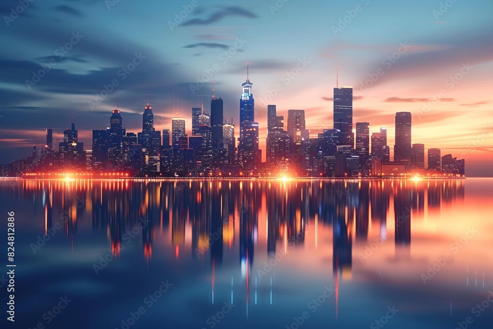 Stunning city skyline at dusk, brightly lit skyscrapers reflecting in calm water, creating a beautiful and serene urban landscape.