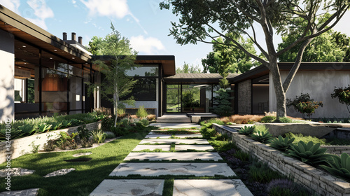 A craftsman-inspired home with a contemporary twist, featuring a modern front courtyard, clean lines, and a drought-tolerant landscape. 