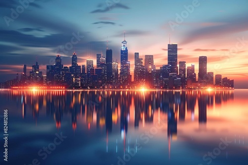 Stunning city skyline at dusk  brightly lit skyscrapers reflecting in calm water  creating a beautiful and serene urban landscape.