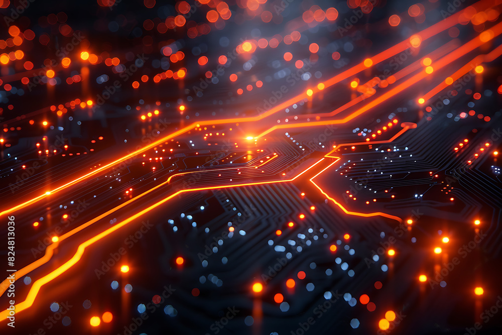 Obraz premium An intricate abstract design featuring interconnected circuit patterns in vibrant colors, symbolizing modern technology and digital innovation