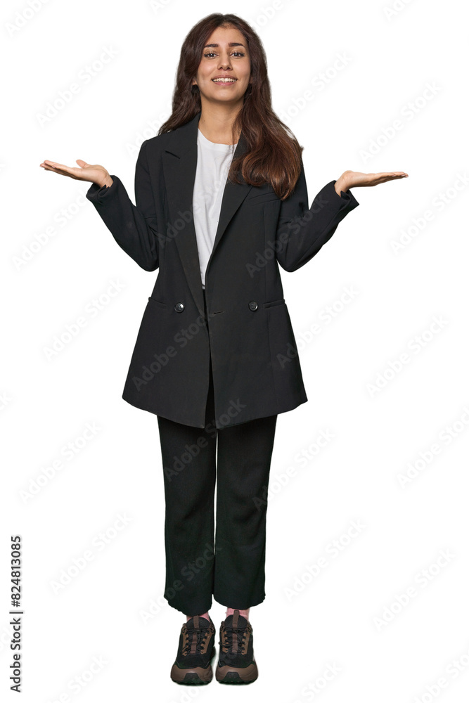 Middle Eastern in business attire makes scale with arms, feels happy and confident. Middle Eastern in business attire makes scale with arms, feels happy and confident.