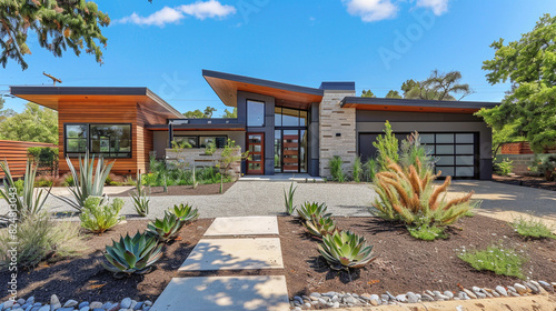 A craftsman-inspired home with a contemporary twist, featuring a modern front courtyard, clean lines, and a drought-tolerant landscape with gravel pathways. 