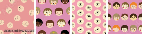 Collection of four patterns, cutely girlish faces. Simple print for fabric, packaging, feminine visage, endless texture.