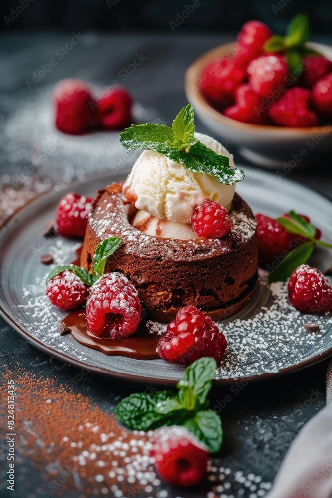 chocolate souffle and ice cream on a plate. Selective focus chocolate souffle and ice cream on a plate. Selective focus