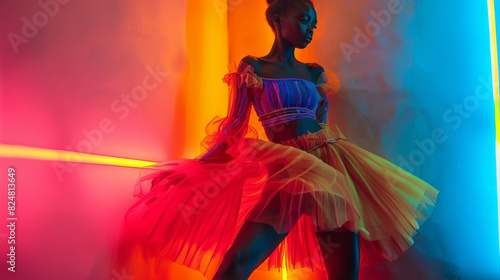 A vibrant image captures the silhouette of a woman in a colorful dress dancing with dynamic lighting