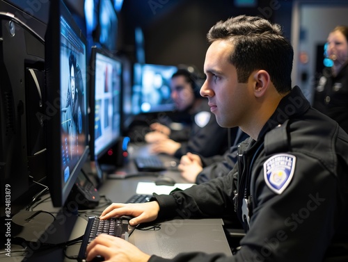 Dedicated police officers in cybercrime unit work together to identify and arrest online criminal suspects, ensuring internet security and protecting the public from online threats.