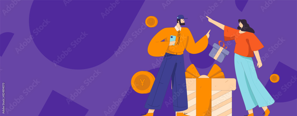 Fototapeta premium Holiday shopping people doing e-commerce online shopping flat vector concept operation hand drawn illustration 