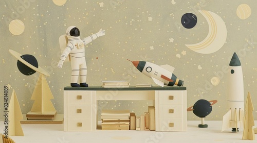 A whimsical 3D illustration of an office in space with a desk shaped like Saturn photo