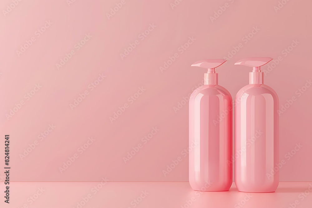 two mockup light pink bottles for shampoo, lotion, cream, shower gel or liquid soap, template cosmetics product container, minimalism wallpaper with copy space two mockup light pink bottles for shampoo, lotion, cream, shower gel or liquid soap, template cosmetics product container, minimalism wallpaper with copy space