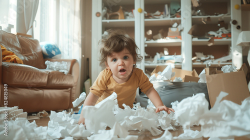 Young Child Playing in Messy Room photo