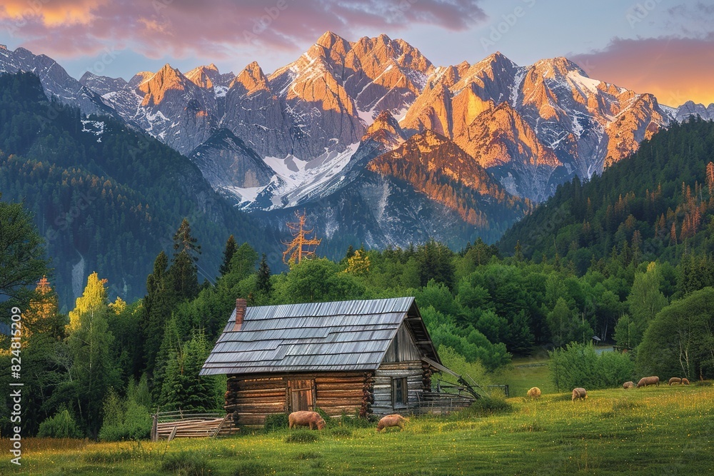 Sunshine shines on the snow capped mountains, grasslands, and wooden houses