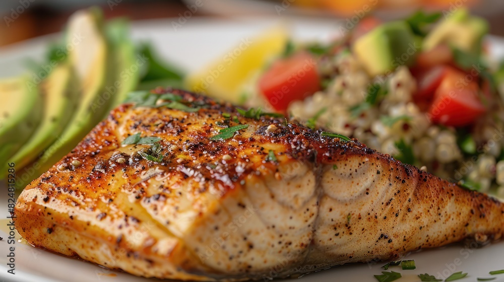 Image of a blackened swordfish steak with a side of quinoa salad and avocado slices Image of a blackened swordfish steak with a side of quinoa salad and avocado slices