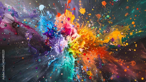 Burst of multi-colored paint splashes  infusing the canvas with energy and excitement