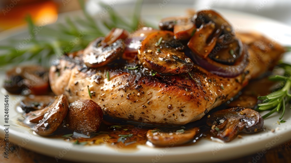 Image of a chicken steak topped with sauteed mushrooms and onions Image of a chicken steak topped with sauteed mushrooms and onions