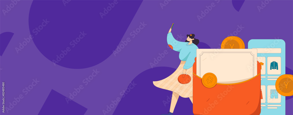 Naklejka premium Holiday shopping people doing e-commerce online shopping flat vector concept operation hand drawn illustration