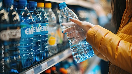 close-up of a hand taking water on a store shelf. Selective focus photo