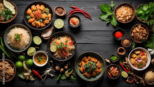 assorted thai food in flat lay composition On a black wooden background. Top view. Free space for your text.