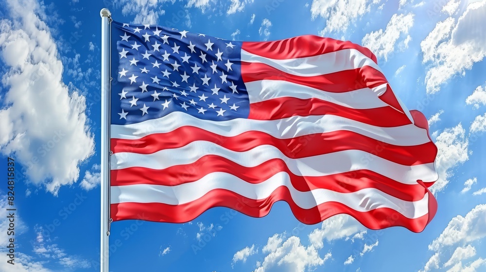 Obraz premium United states flag waving proudly on a beautiful and sunny day, symbol of patriotism and freedom
