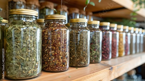 Image of a collection of dried herbs in glass jars, arranged neatly on a shelf