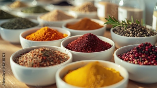 Image of a colorful array of spices in small white dishes