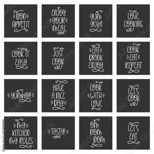 Cookery Kitchen Minimalist Poster Design Collection. Cafe Minimalistic Wall Art. Vector Hand Lettering of Phrases Bon Appetit, Enjoy Your Meal, Om Nom Nom, Love Cooking, Eat Drink Enjoy, Yummy.