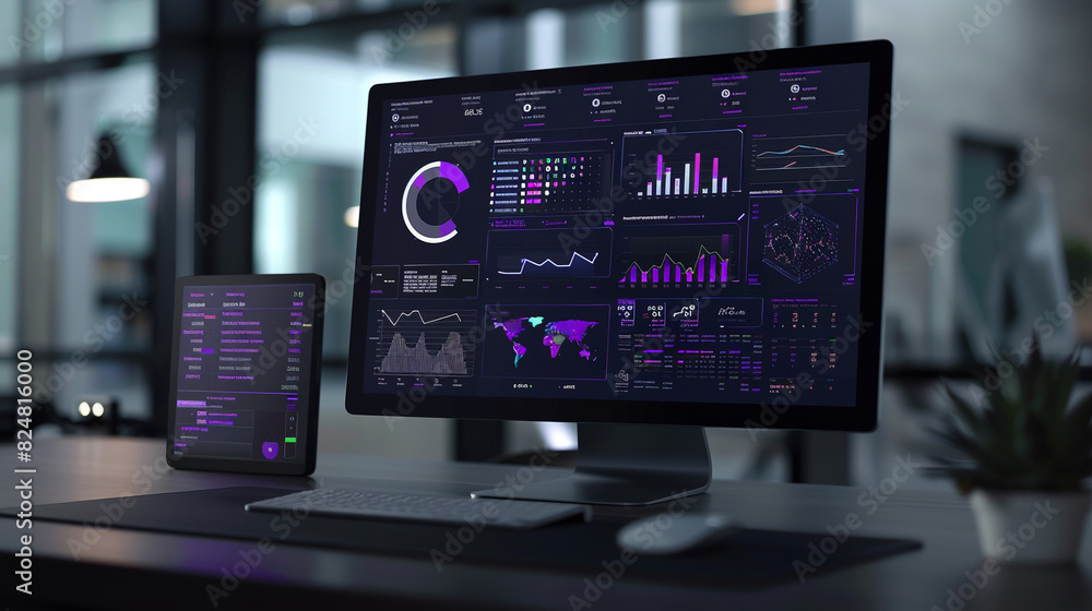 Computer display with graphs and analytics. Computer display with graphs and analytics.
