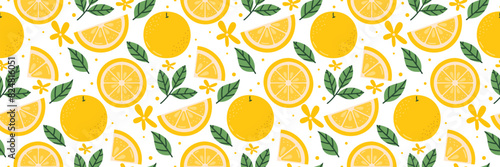 Pomelo with Leaves Seamless Pattern Vector Illustration. Cute Colorful Summer Fruit Background with Leaves and Flowers. photo