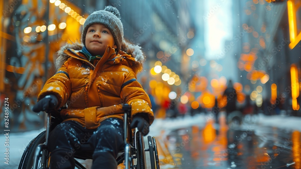 A young child in warm clothing looks on with hope while in a wheelchair on a chilly city street adorned with lights