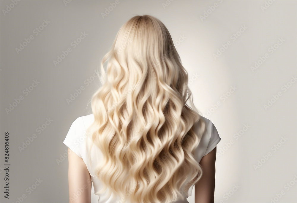 Fototapeta premium long and wavy women's hair in blonde tones, back view, hair advertising shoot, isolated white background