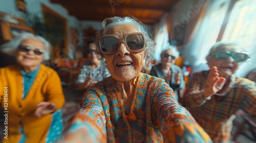An ecstatic elderly woman with oversized sunglasses stands in the forefront of a lively indoor gathering